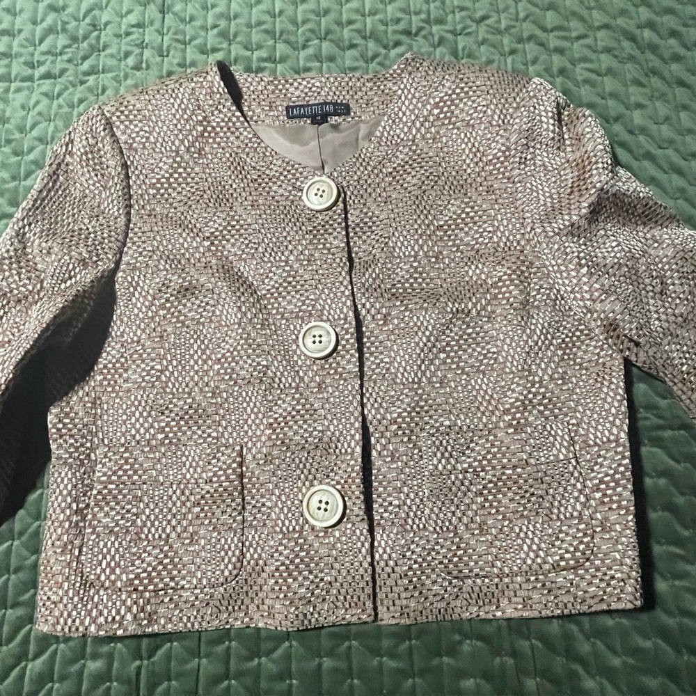 Lafayette 148 brown long sleeve textured cropped jacket blazer size 14